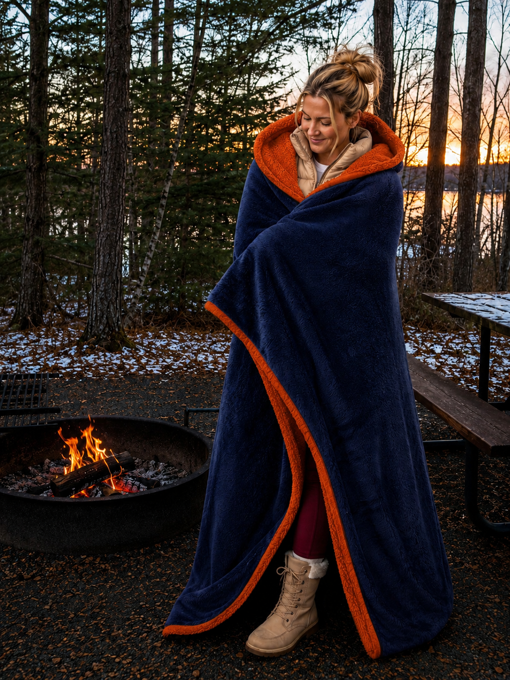 Navy Blue and Orange Faux Fur Stadium Blanket