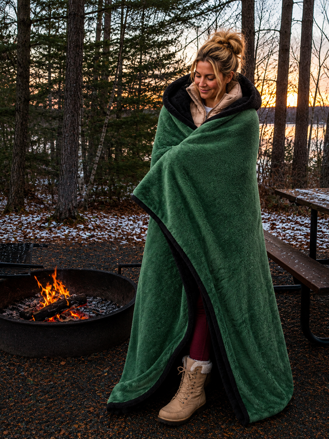 Green Faux Fur and Black Sherpa Stadium blanket