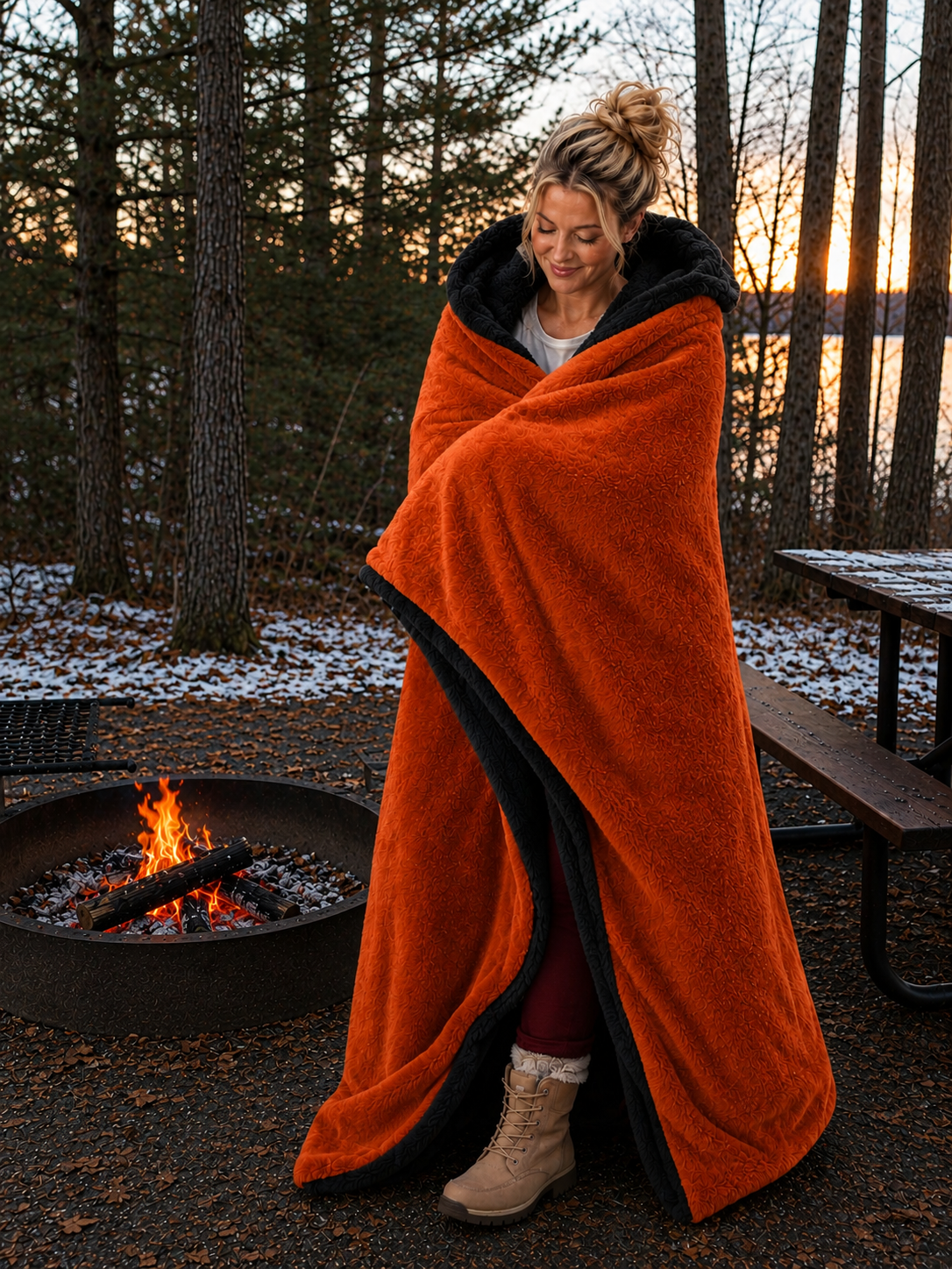Orange Faux Fur and Black Sherpa Stadium blanket