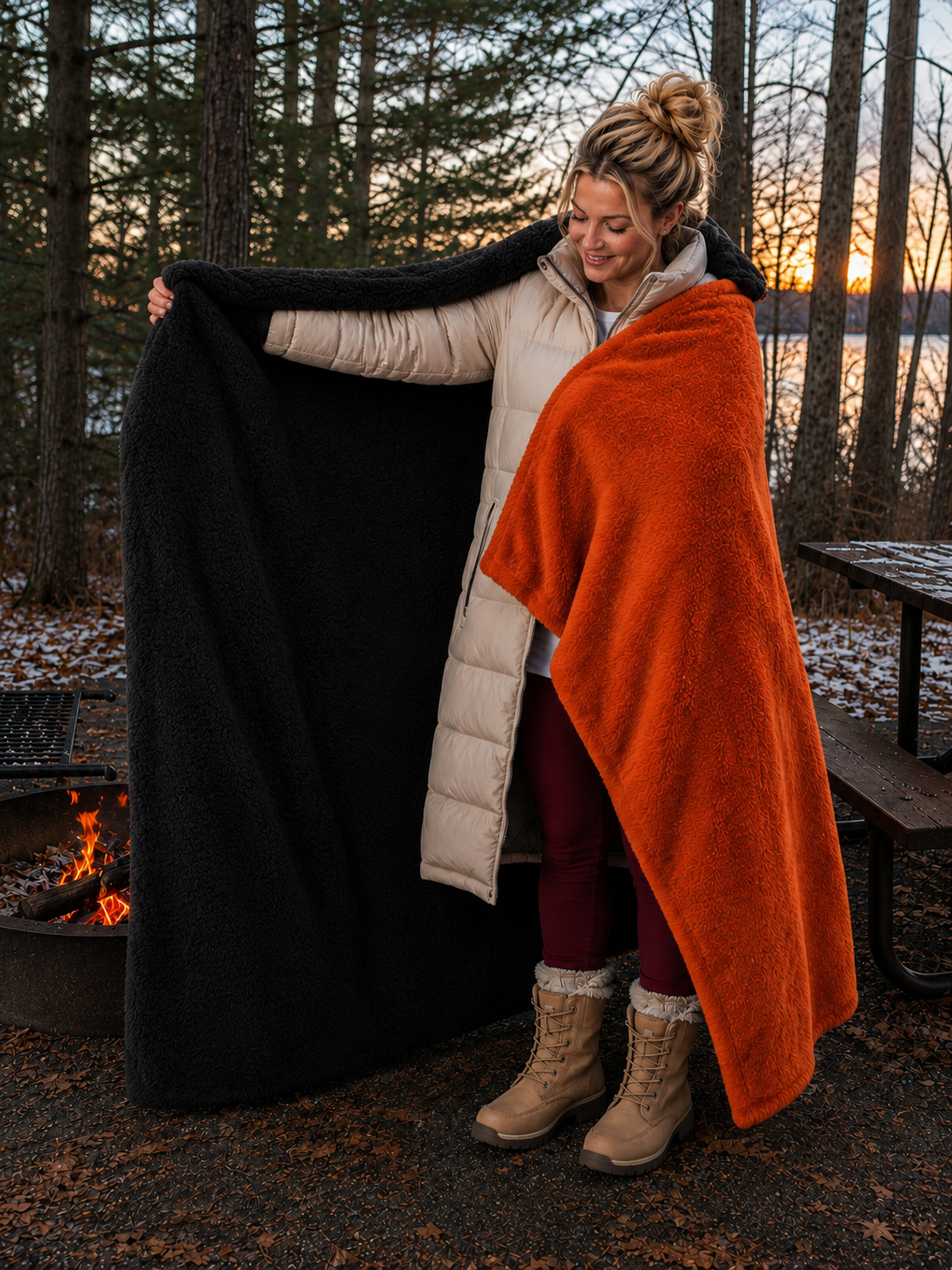 Orange Faux Fur and Black Sherpa Stadium blanket