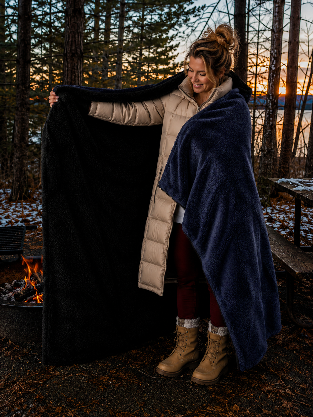 Navy Blue Faux Fur and Black Sherpa Stadium blanket