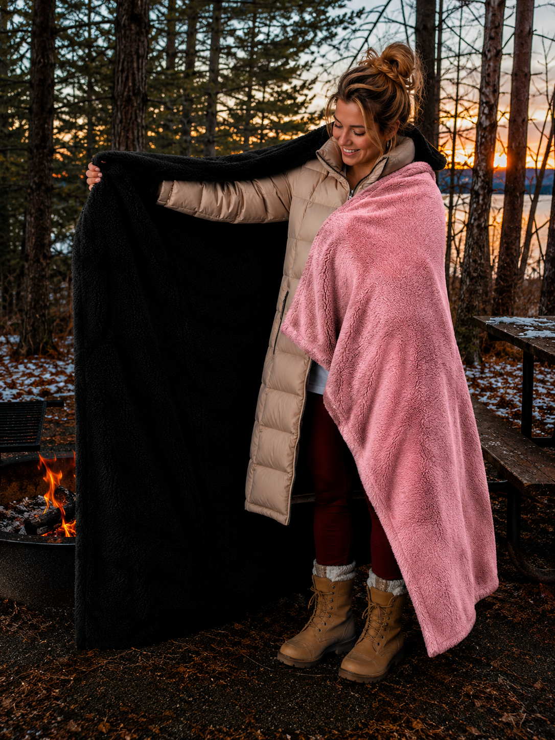 Pink Faux Fur and Black Sherpa Stadium blanket