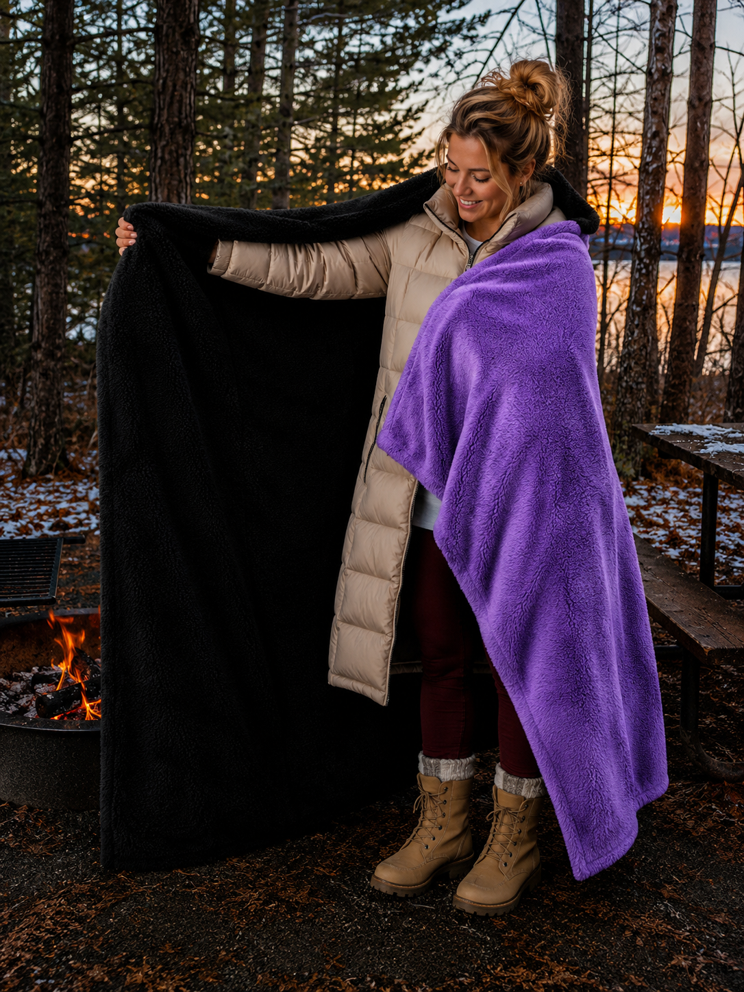 Purple Faux Fur and Black Sherpa Stadium blanket