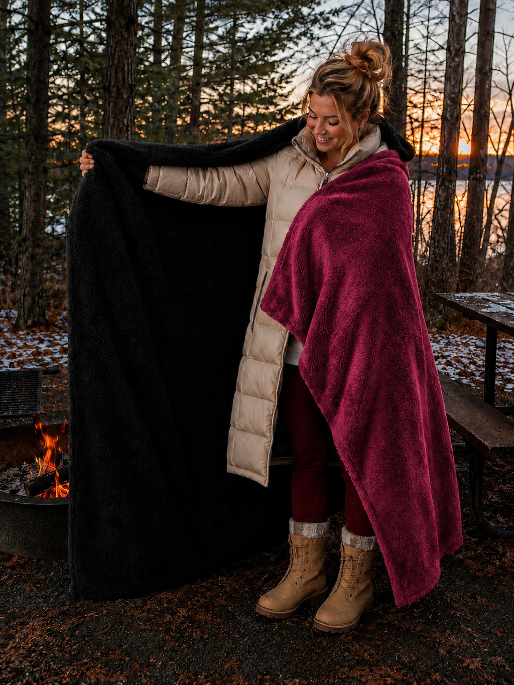 Maroon Faux Fur and Black Sherpa Stadium blanket
