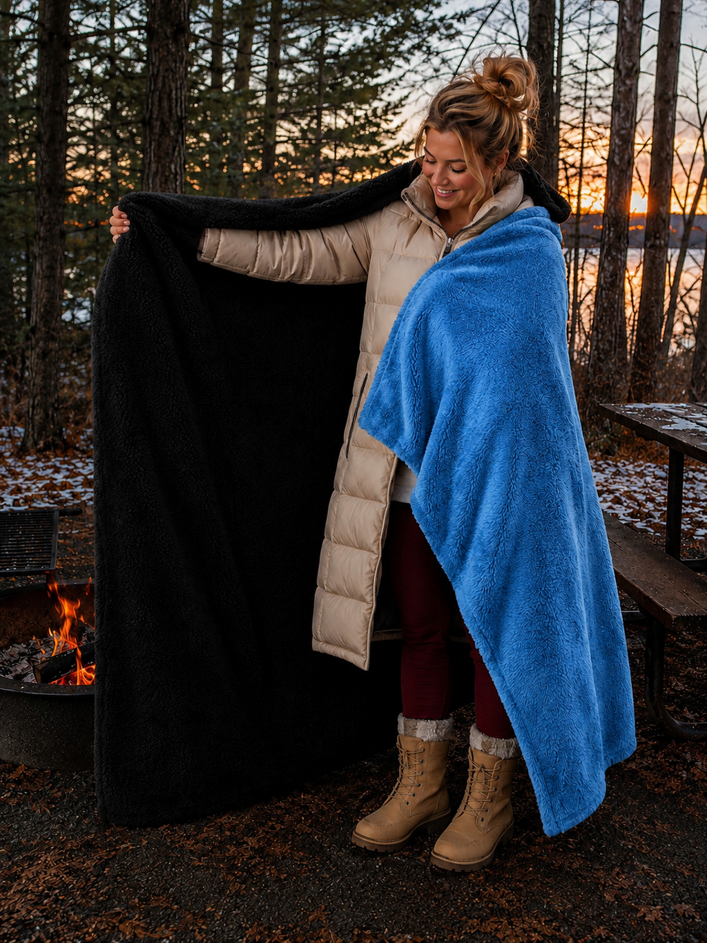 Blue Faux Fur and Black Sherpa Stadium blanket