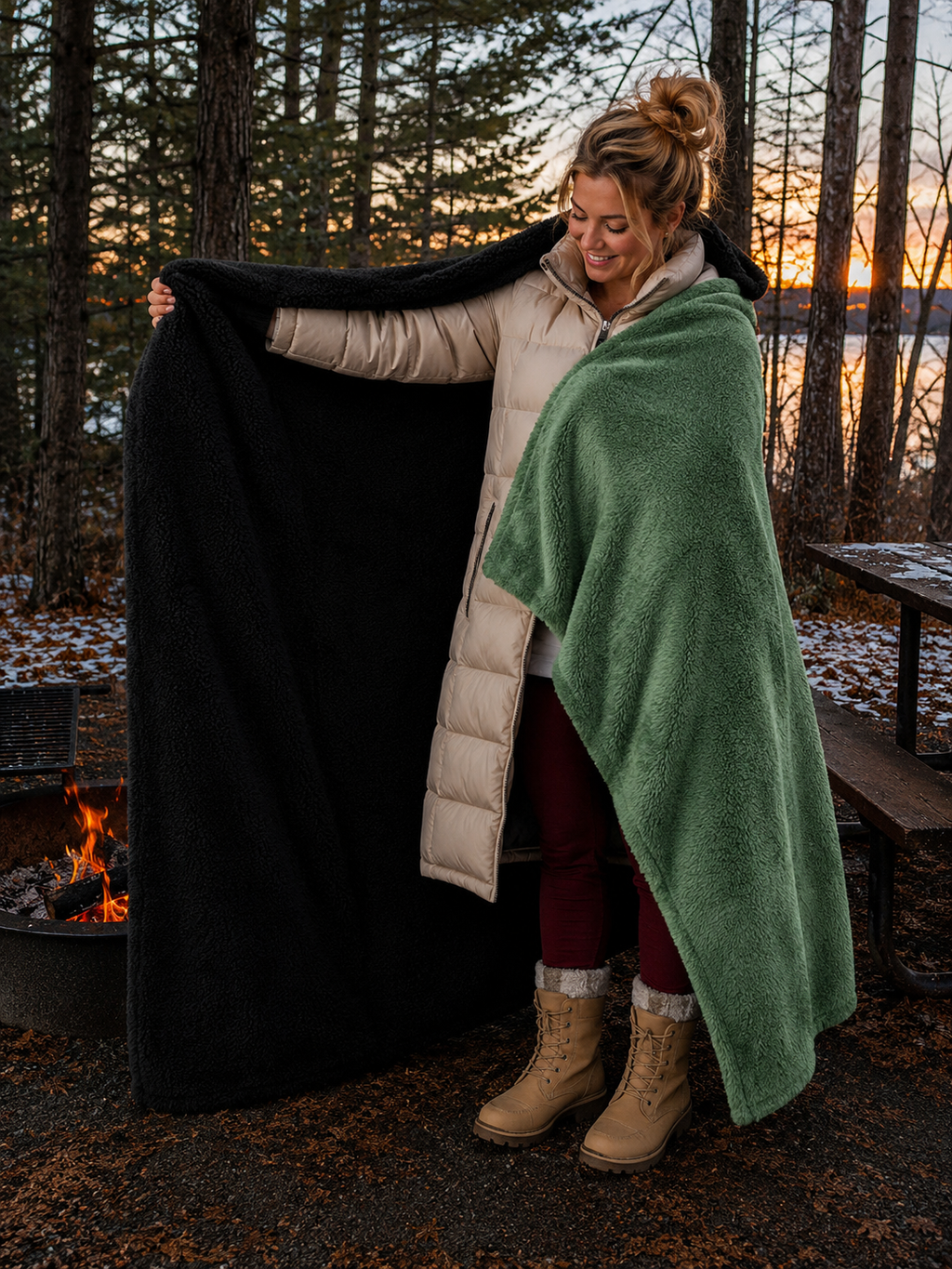 Green Faux Fur and Black Sherpa Stadium blanket