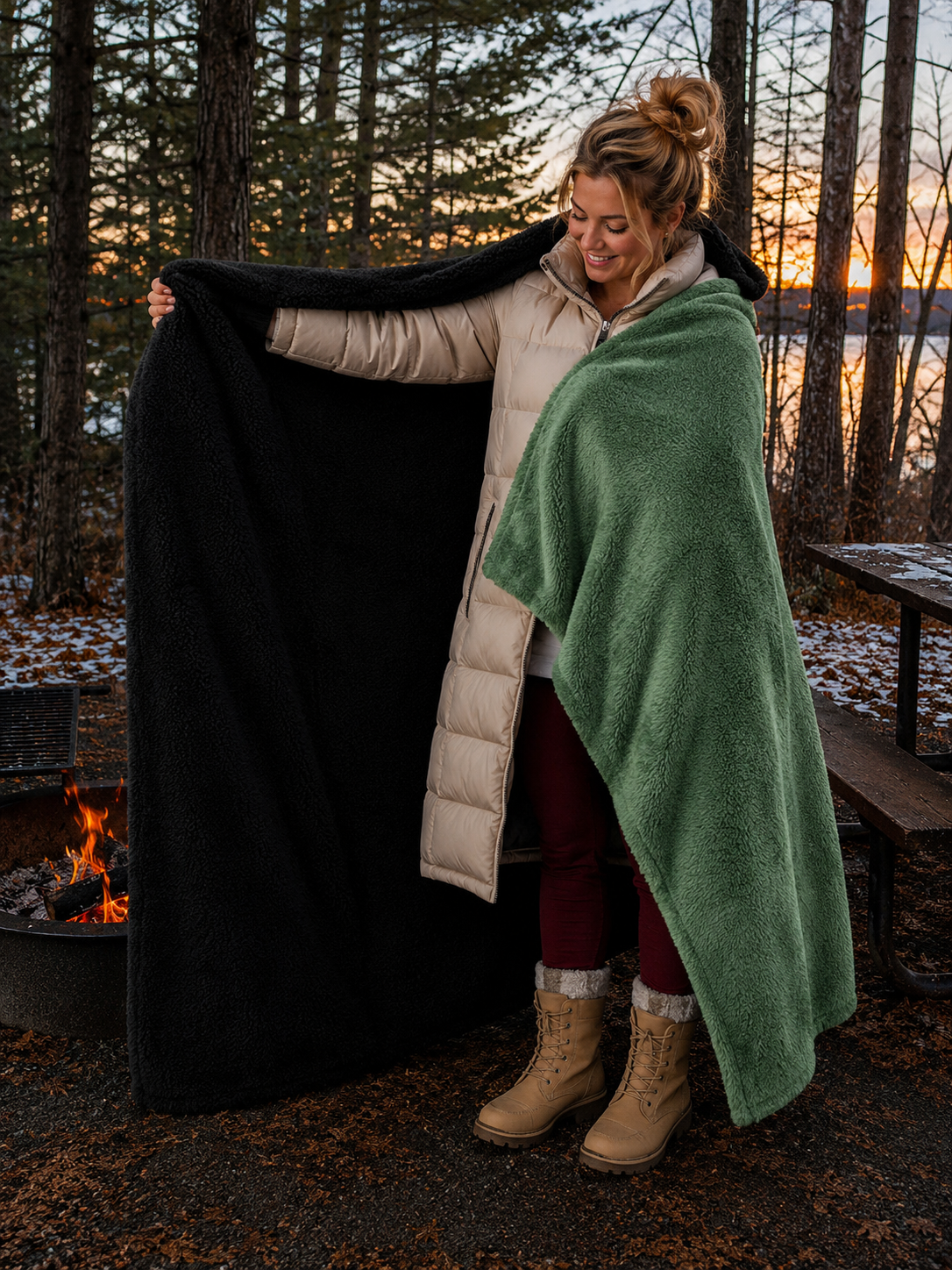 Green Faux Fur and Black Sherpa Stadium blanket