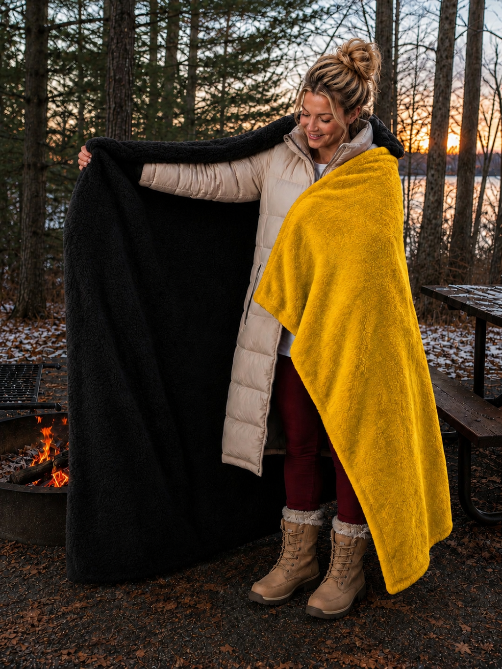 Yellow Faux Fur and Black Sherpa Stadium blanket