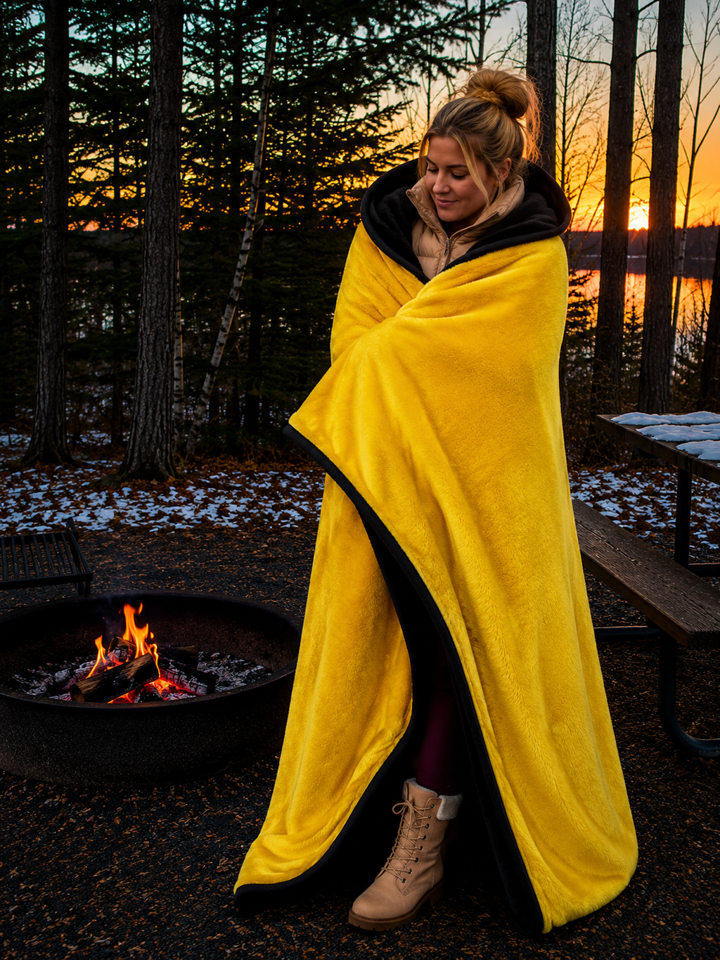 Yellow Faux Fur and Black Sherpa Stadium blanket