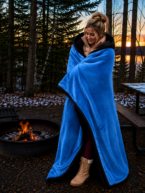 Blue Faux Fur and Black Sherpa Stadium blanket
