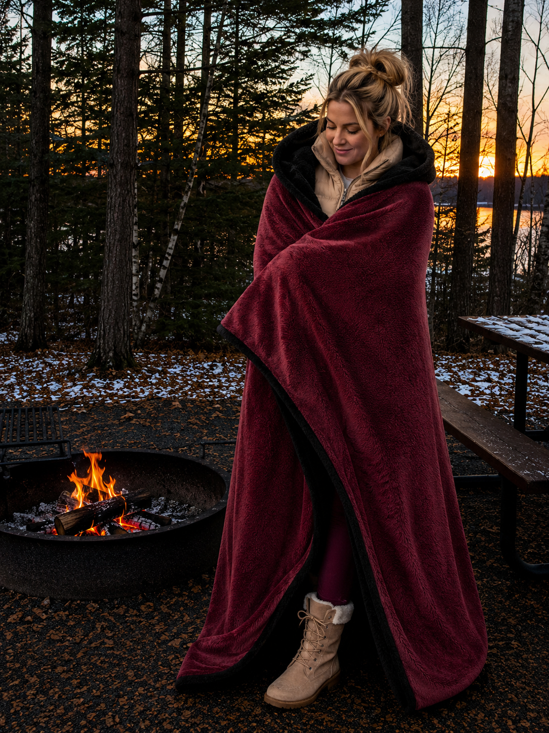 Maroon Faux Fur and Black Sherpa Stadium blanket