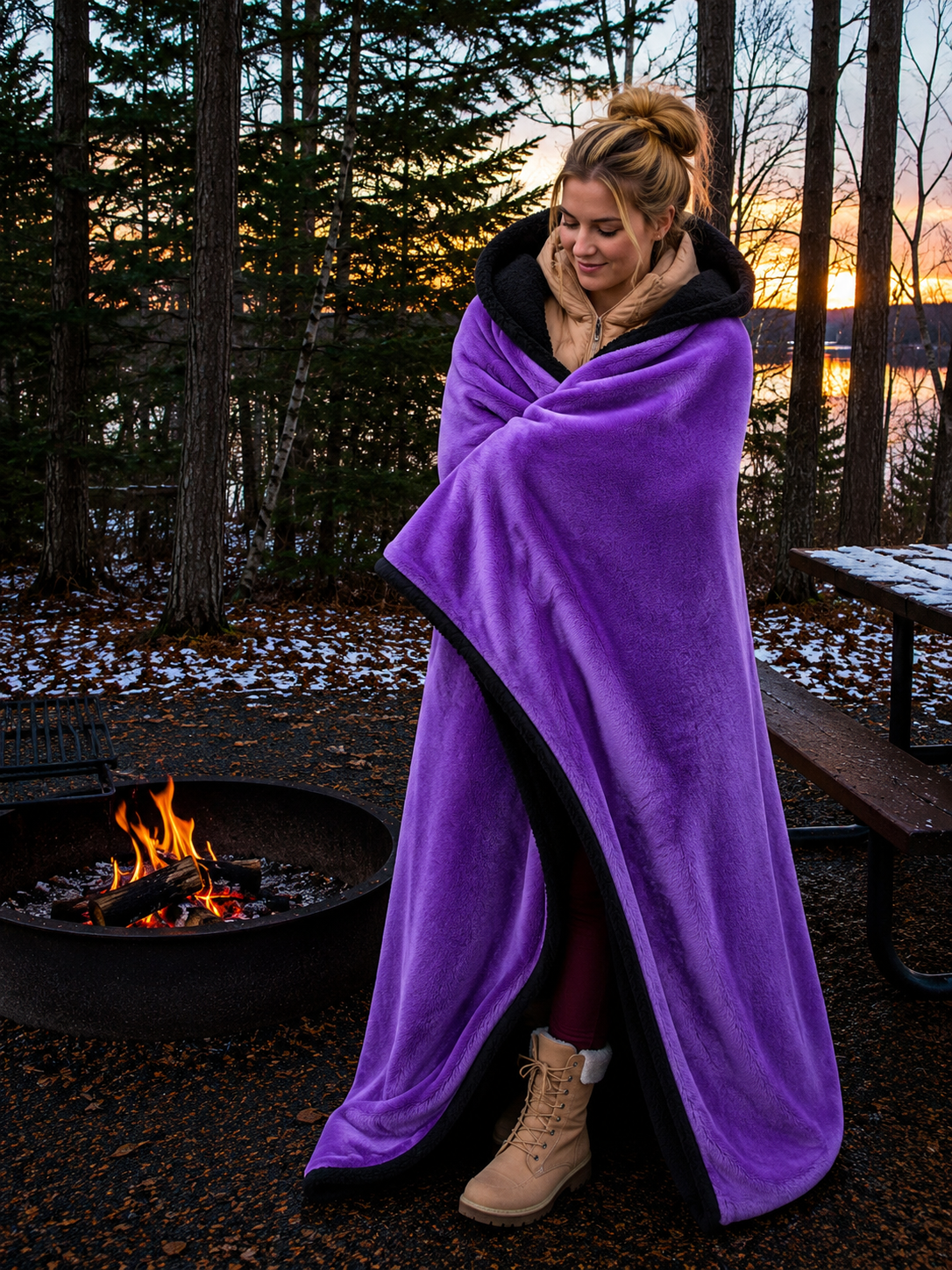 Purple Faux Fur and Black Sherpa Stadium blanket
