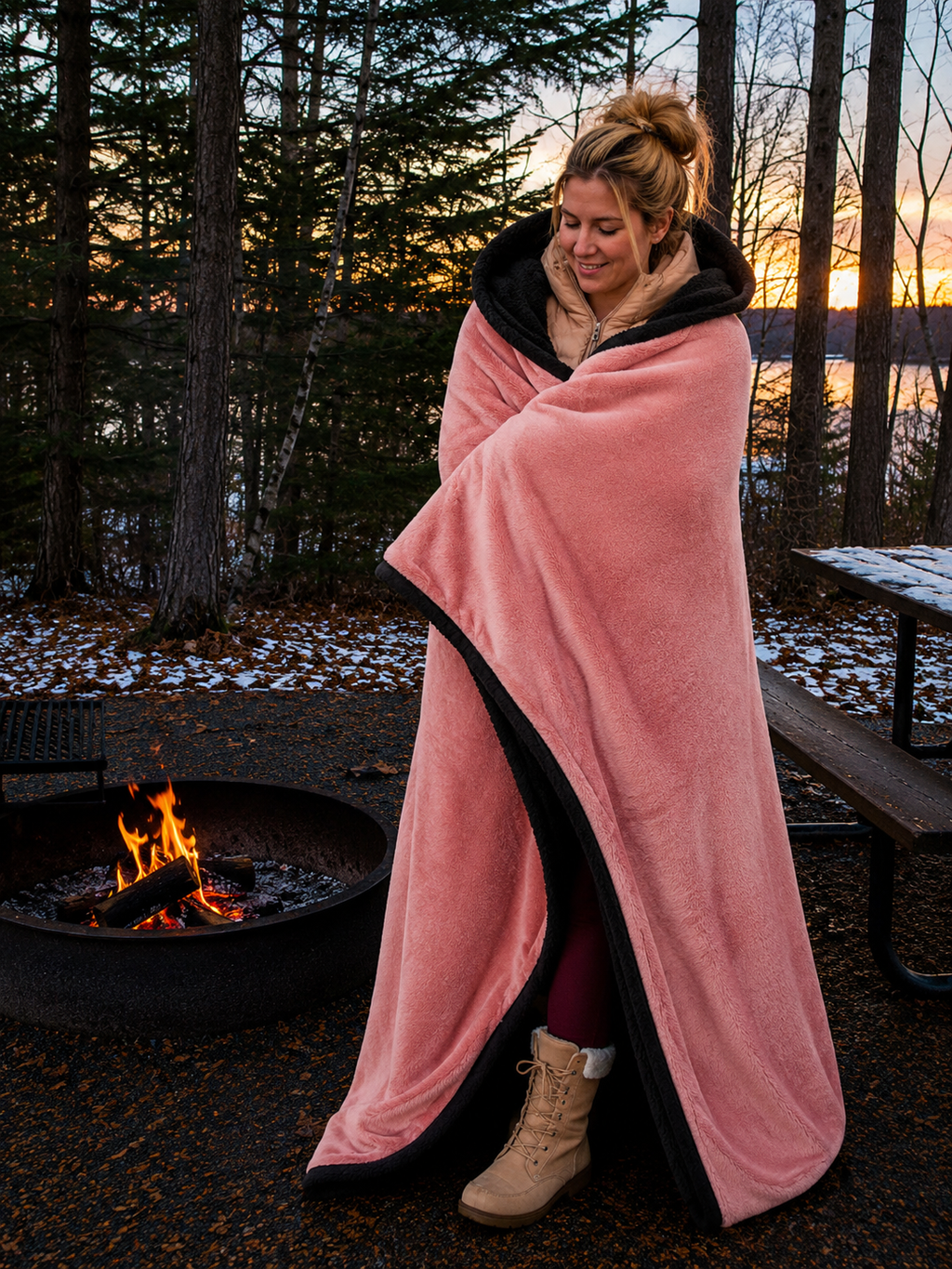 Pink Faux Fur and Black Sherpa Stadium blanket