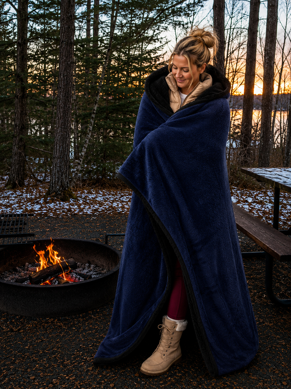 Navy Blue Faux Fur and Black Sherpa Stadium blanket