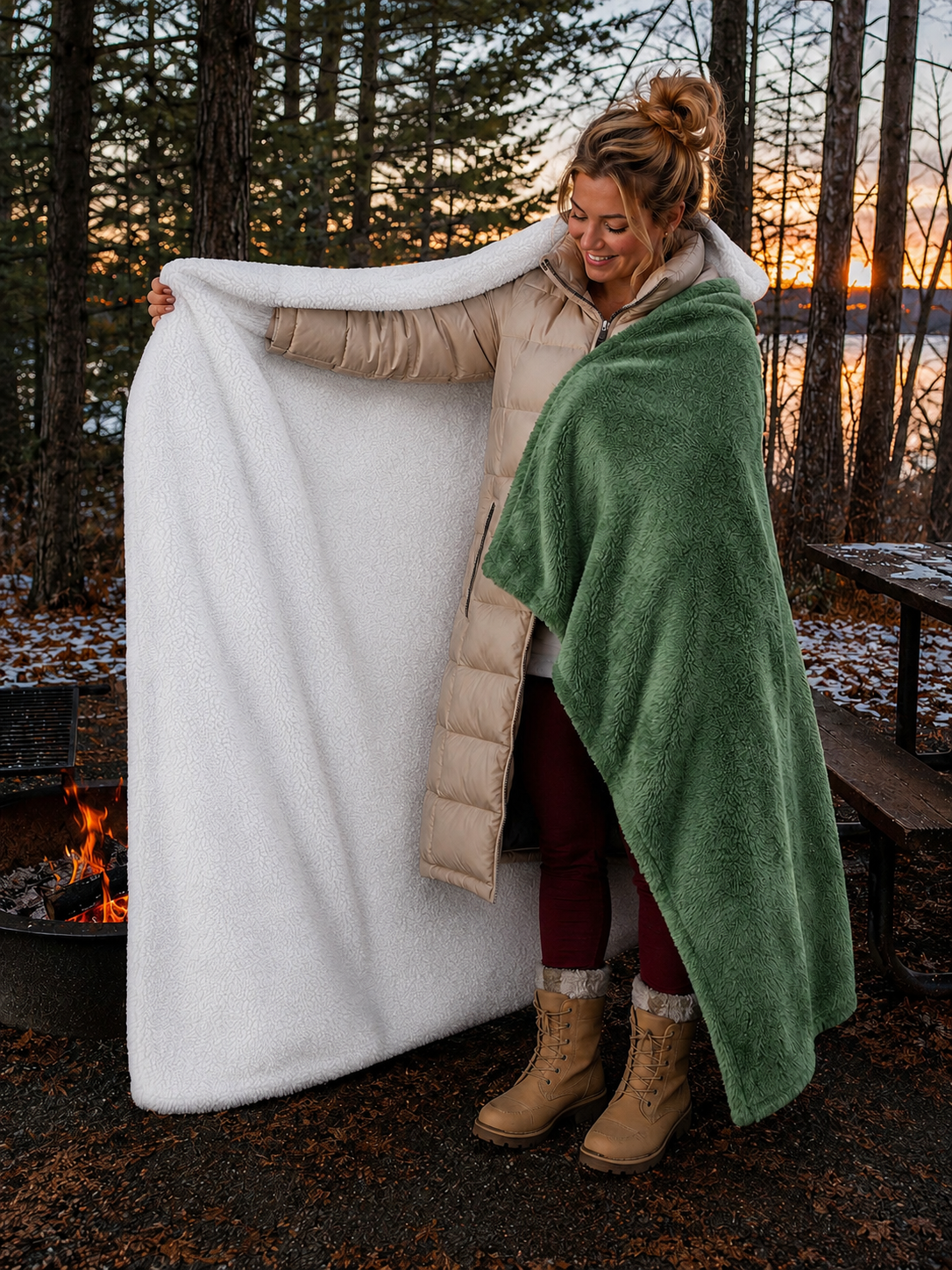 Green Faux Fur with White Sherpa Stadium Blanket
