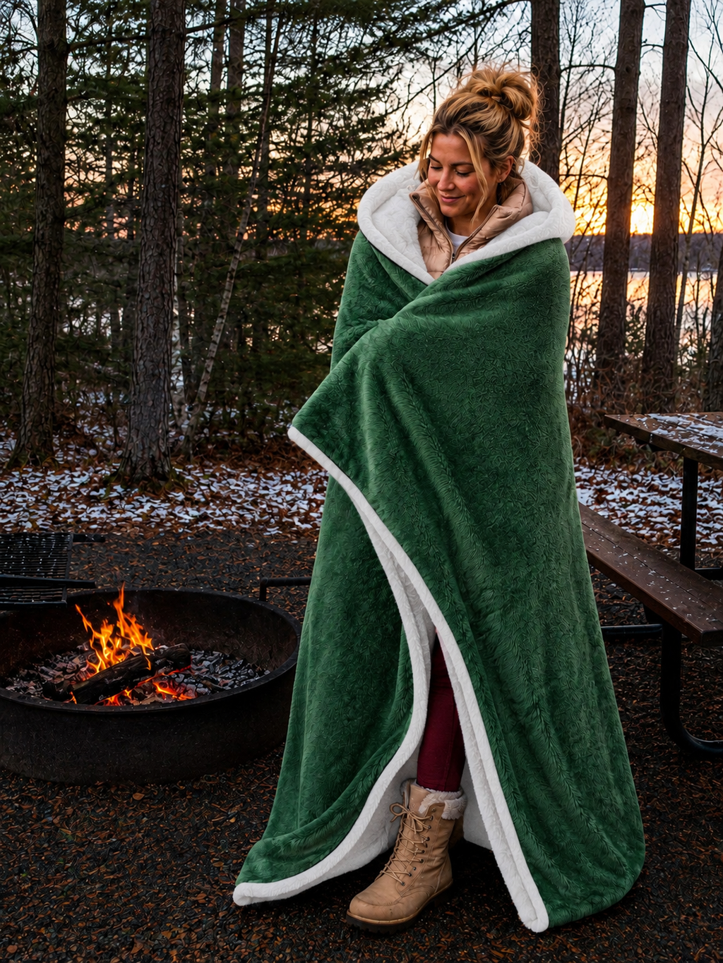 Green Faux Fur with White Sherpa Stadium Blanket