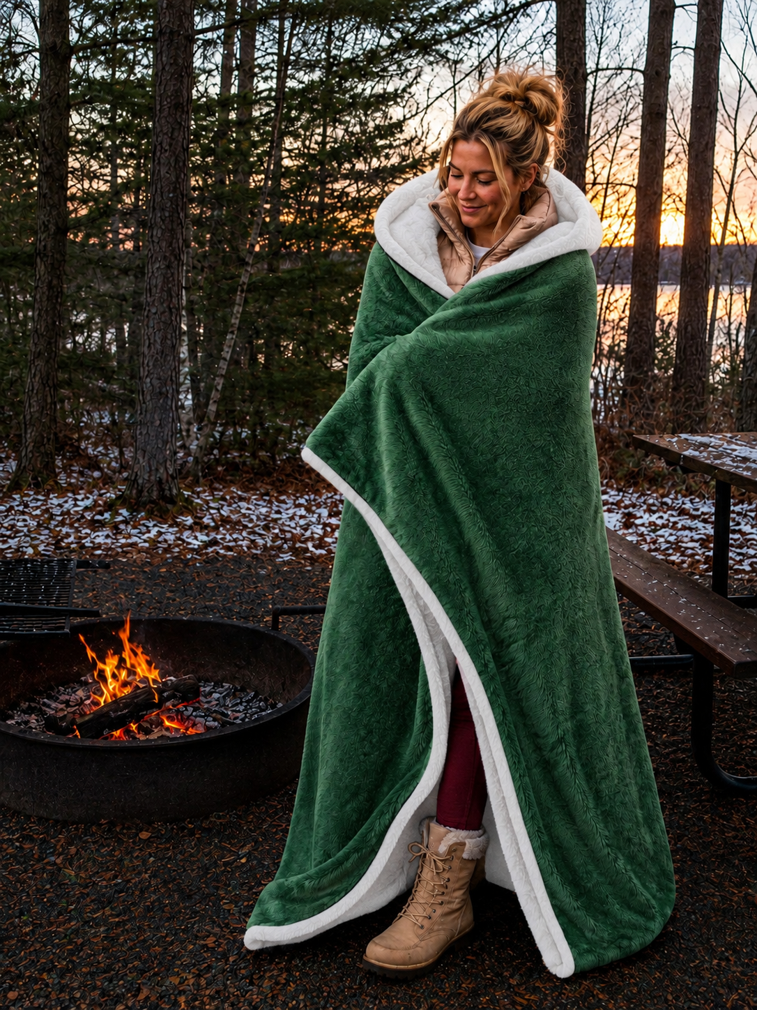 Green Faux Fur with White Sherpa Stadium Blanket