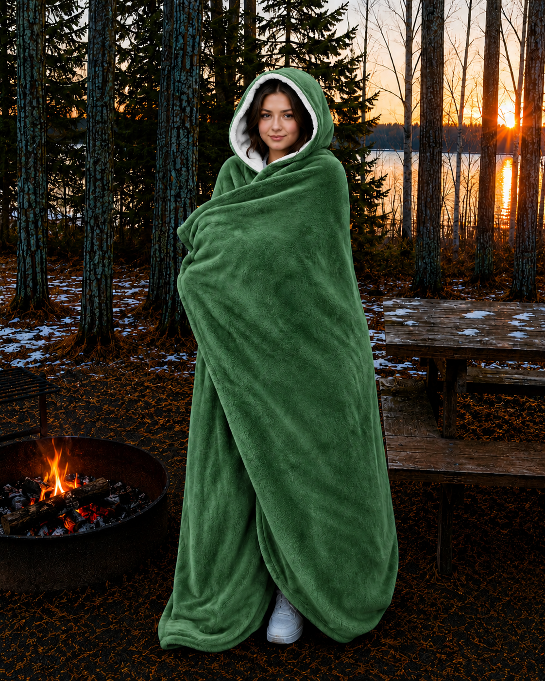 Green Faux Fur with White Sherpa Stadium Blanket