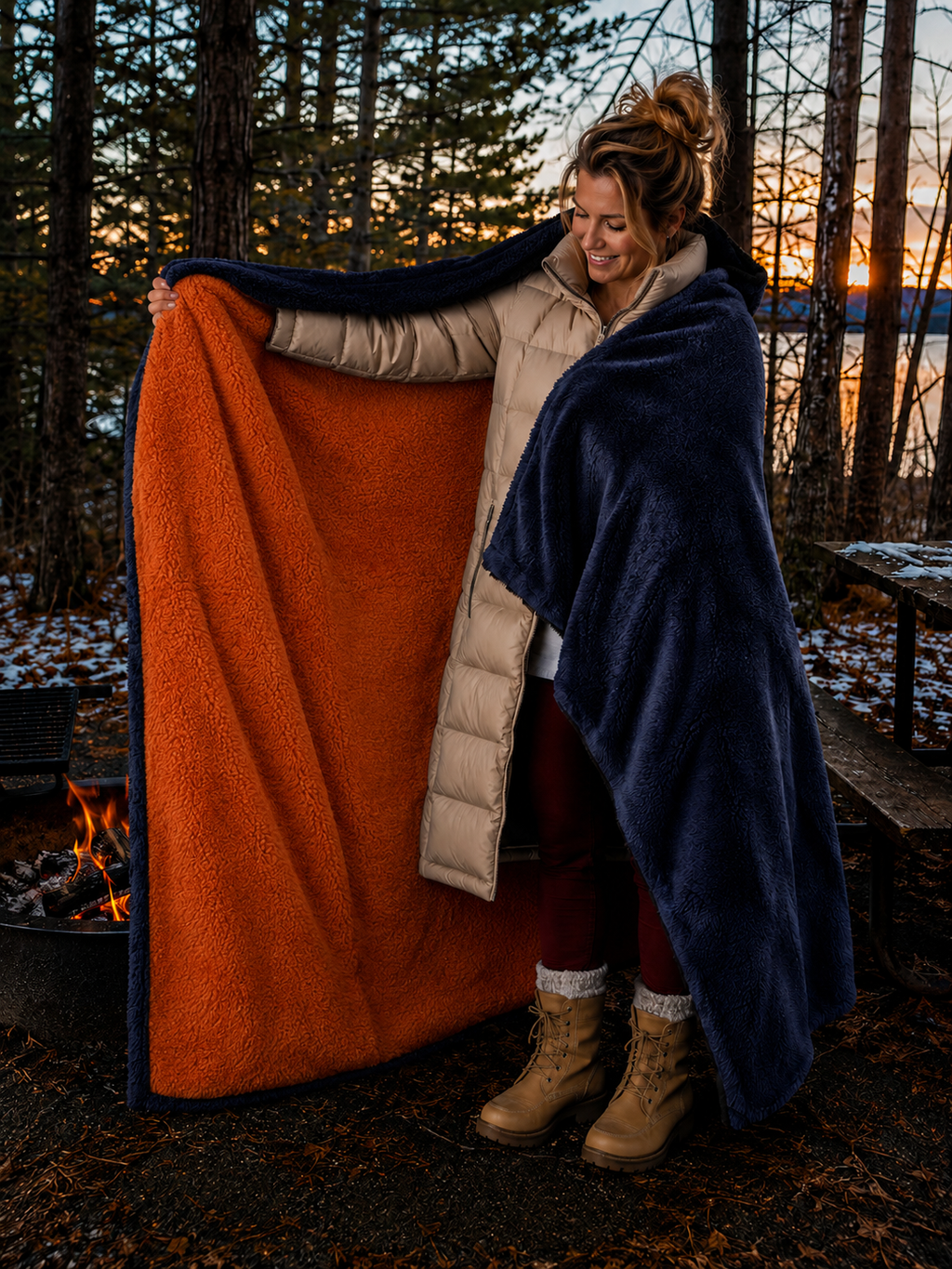 Navy Blue and Orange Faux Fur Stadium Blanket