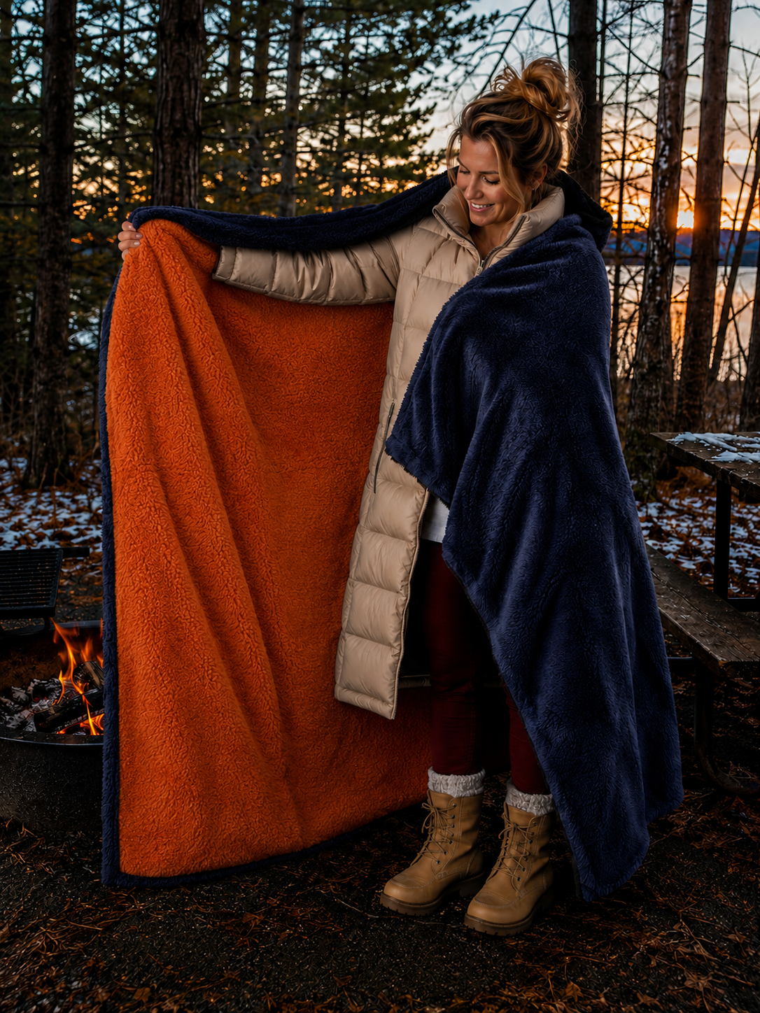 Navy Blue and Orange Faux Fur Stadium Blanket