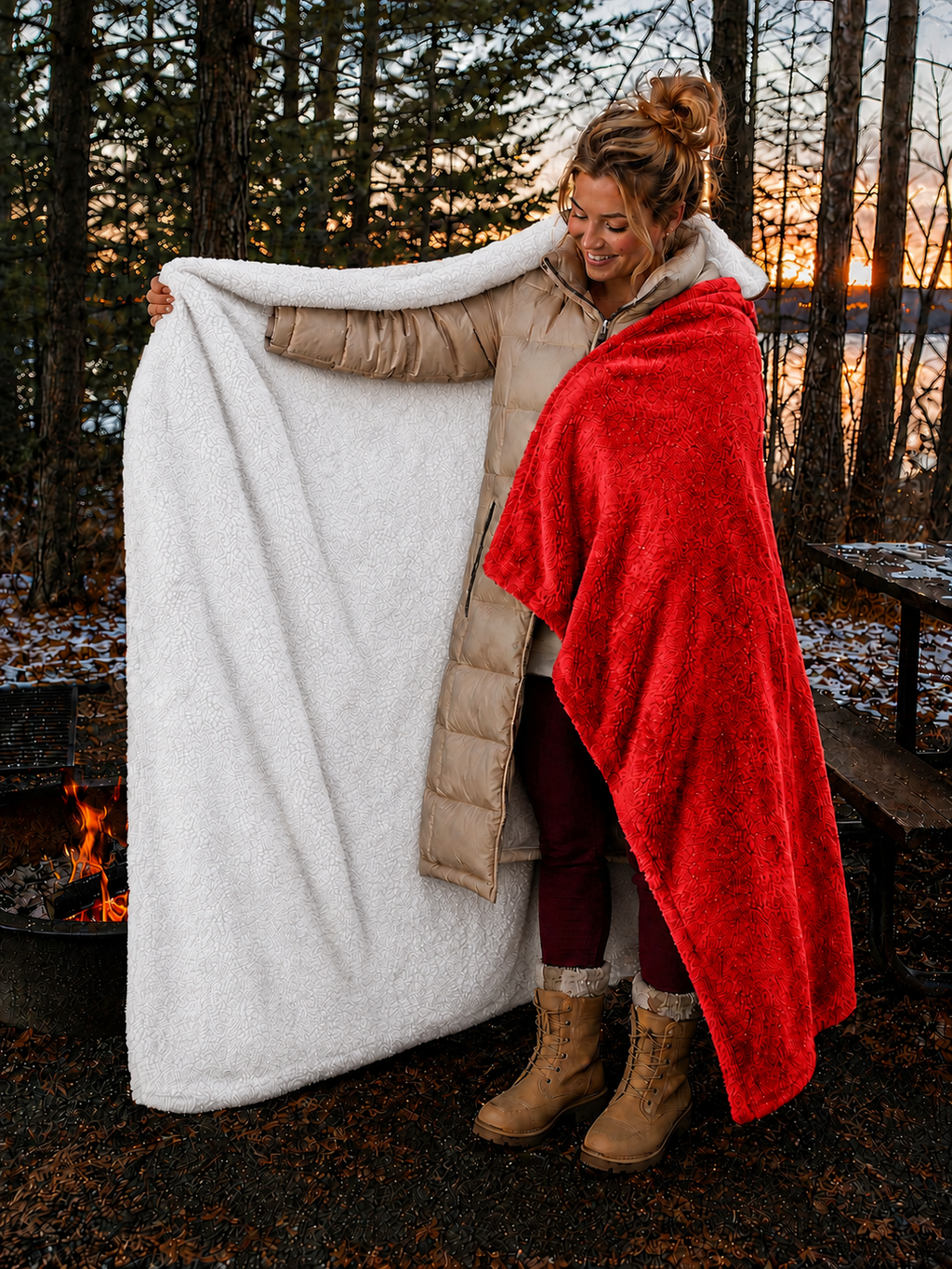 Red Polar Fleece with White Sherpa Stadium Blanket