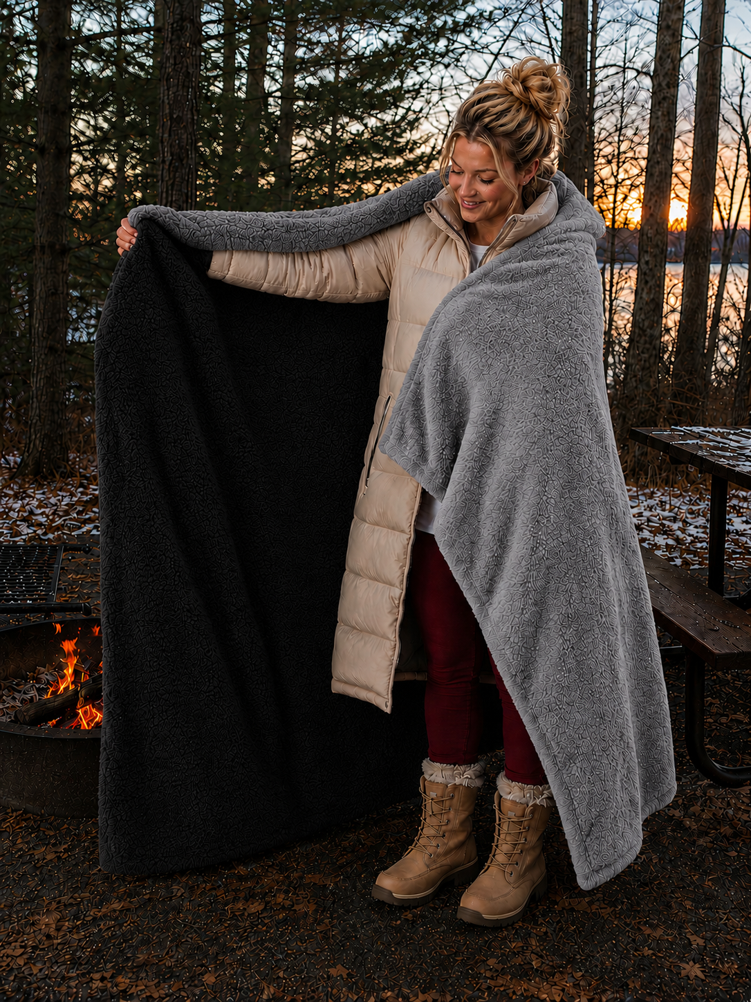 Gray Faux Fur and Black Sherpa Stadium blanket