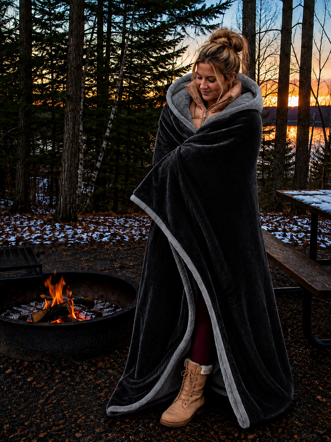 Gray Faux Fur and Black Sherpa Stadium blanket